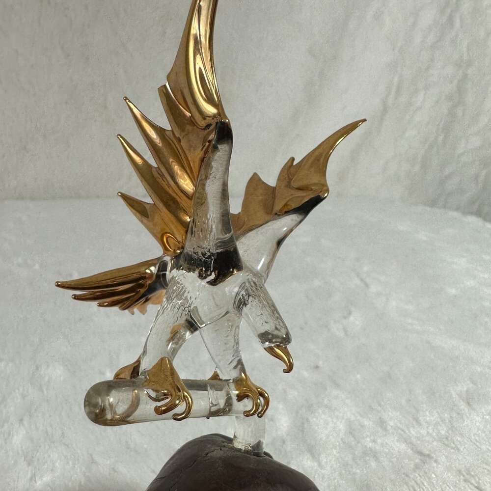 Vintage Glass Baron Bald Eagle Blown Art Statue Burl Wood Base 22 kt Gold tips - Picture 3 of 8